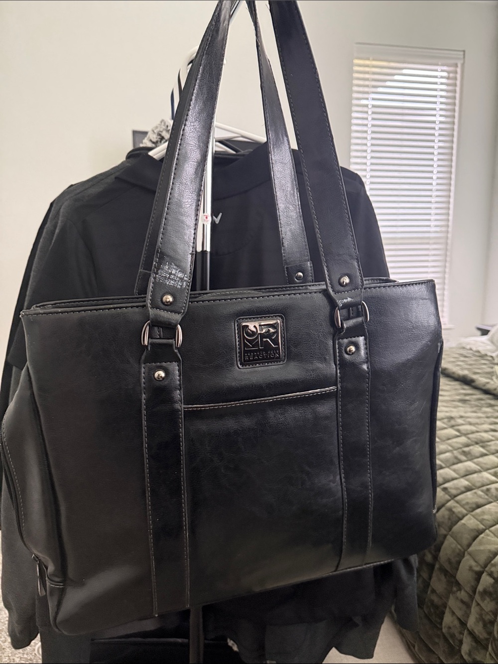 Kenneth Cole Reaction Black Leather Laptop Tote with Front Pocket Plaque